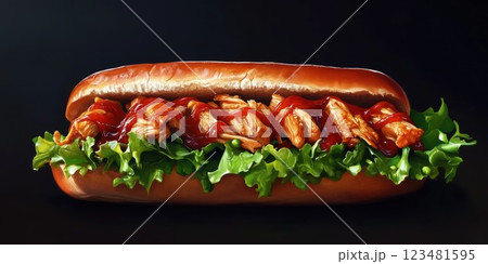 Delicious meat hot dog topped with fresh lettuce and savory sauce ready to be enjoyed 123481595