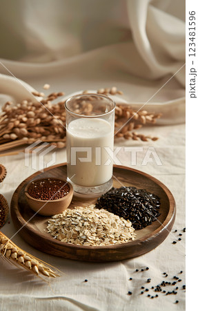 Displaying a wooden plate holding a glass of almond milk enhanced with chia, black sesame, and white sesame seeds as an organic superfood blend for a vegan and natural wellness choice 123481596