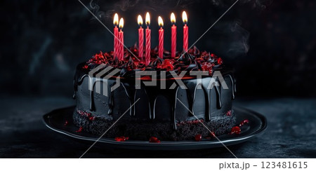 Celebration cake with black frosting and lit candles for a special occasion at night 123481615