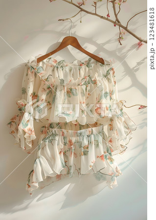 This chic and breezy offshoulder floral blouse and skirt set features ruffled details, ideal for a fashionable spring or summer look with an elegant and feminine design 123481618