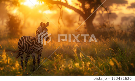 In the Serengeti sunrise, a zebra represents the beauty of Africa, flourishing in its natural habitat with elegance, capturing the essence of the continents untamed wilderness 123481620