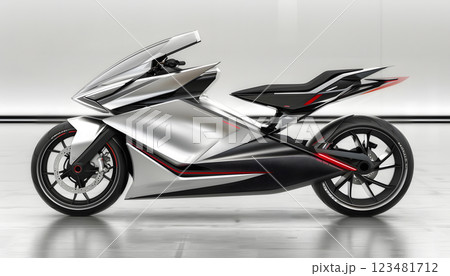 A sleek and innovative electric motorcycle is displayed in a modern, minimalist showroom. It features cuttingedge design and technology, turbocharging the bike for performance 123481712