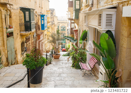 Typical maltese touristic street in the center of Valletta, Malta Typical maltese touristic street in the center of Valletta, Malta 123481722