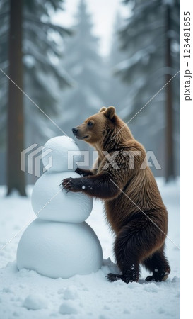A bear make a snowman in forest winter, wild animal sit in snow. AI-generated 123481855