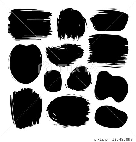 A collection of black ink brush strokes with a rough texture and organic forms. Perfect for backgrounds, digital art, and modern design. 123481895