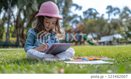 公園でタブレットを使ってお絵描きをする少女 123482007
