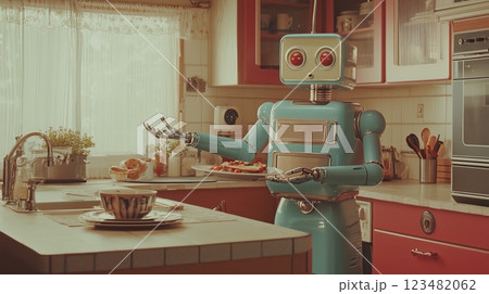 1950年代風の家庭用ロボットが料理を提供する未来のキッチン 123482062
