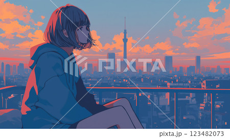 夕暮れの都会と女性 123482073