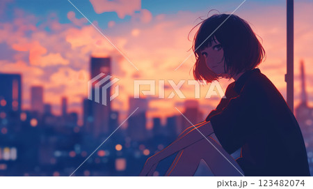 夕暮れの都会と女性 123482074
