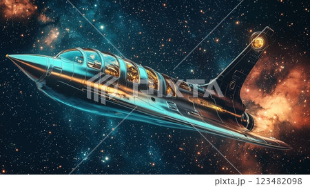 レトロフューチャーなデザインの宇宙船が銀河を航行する レトロフューチャーなデザインの宇宙船が銀河を航行する 123482098