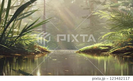 森の中の池に差し込む光 123482117