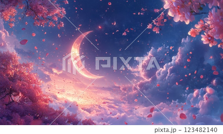 幻想的な桜と三日月が輝くロマンチックな夜空 123482140