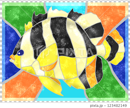 一幅精美的瓷磚插圖，描繪了觀賞魚，即神仙魚，背景為鏤空設計 123482149