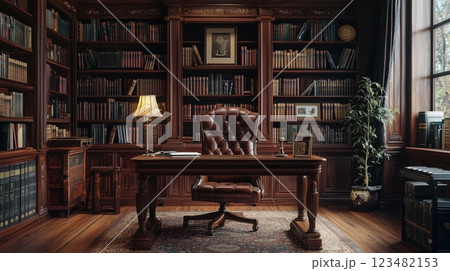 クラシックな図書館の書斎と重厚な雰囲気のインテリア クラシックな図書館の書斎と重厚な雰囲気のインテリア 123482153