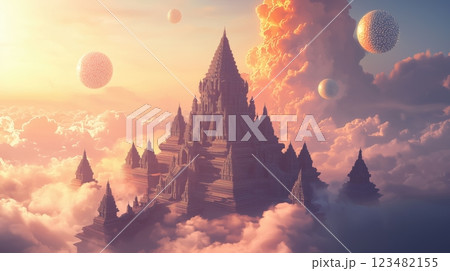 雲の上に浮かぶ幻想的な寺院と神秘的な風景 123482155