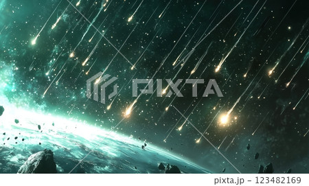 宇宙を駆ける無数の流星群と幻想的な夜空 123482169
