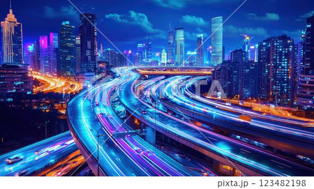 未来都市の交差する光の高速道路 123482198