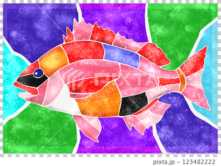Cute tile art of saltwater fish, Thai style, cutout illustration, background included 123482222