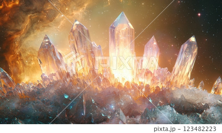 宇宙に輝く巨大クリスタルの幻想的な風景 123482223