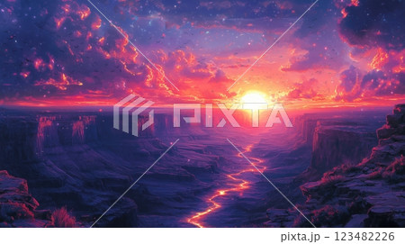 紫色の夕焼けが照らす幻想的な渓谷の風景 紫色の夕焼けが照らす幻想的な渓谷の風景 123482226