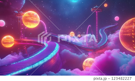 宇宙に浮かぶ未来の遊園地と幻想的な惑星の風景 宇宙に浮かぶ未来の遊園地と幻想的な惑星の風景 123482227