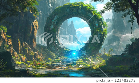 緑に囲まれた巨大な石のポータルと神秘的な風景 123482275