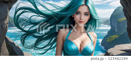 緑の髪の人魚のような美女　A beautiful green-haired mermaid-like 123482294