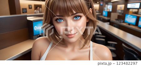 ネットカフェで働く美少女　Beautiful girl working at an internet 123482297