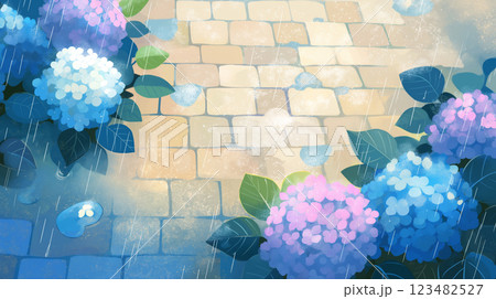 水滴が光る紫陽花の葉｜雨の日の優しい色彩イラスト 123482527