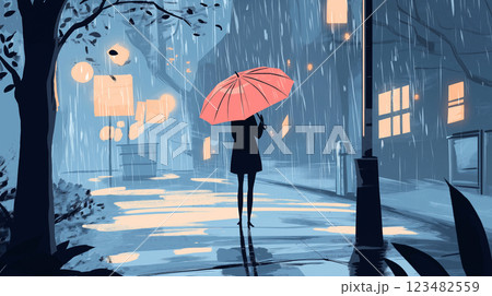 濡れたアスファルトに反射する光、幻想的な雨の街のイラスト素材