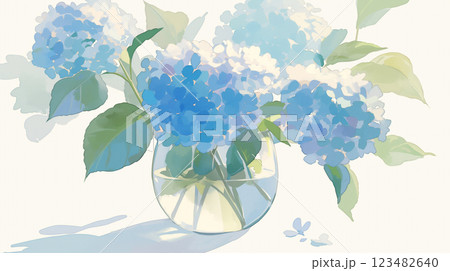 爽やかなブルーの紫陽花｜ナチュラルテイストの花瓶イラスト 123482640