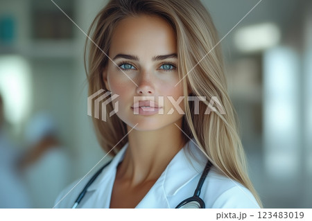 Portrait of a young beautiful doctor in a white coat standing in the premises of a modern hospital. 123483019