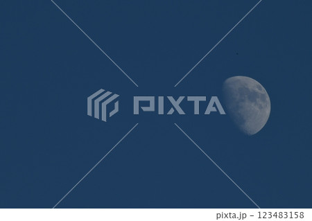 北杜市白州町、夕空に昇る月の出間もない上弦後の月 123483158