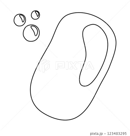 Piece of solid hand cleaning soap bar with bubbles, doodle style vector outline for coloring book 123483295