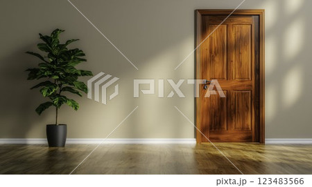 Stylish Interior with Wooden Door and Potted Plant in Sunlight Stylish Interior with Wooden Door and Potted Plant in Sunlight 123483566
