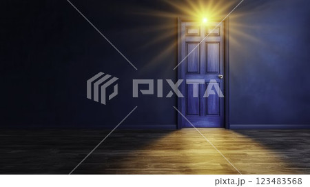 Blue Door with Bright Light Beam in Dark Room Setting 123483568