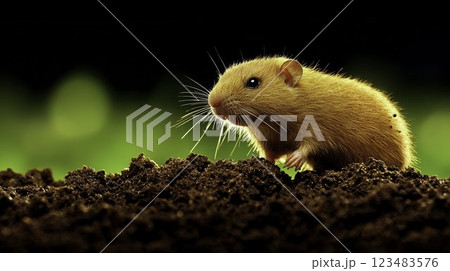 Close-up of a Small Sandy Brown Rodent on Rich Dark Soil Close-up of a Small Sandy Brown Rodent on Rich Dark Soil 123483576