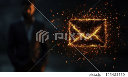 Man in Suit with Fiery Email Icon in a Dark Mysterious Background Man in Suit with Fiery Email Icon in a Dark Mysterious Background 123483580