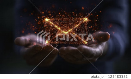 Hands Holding Digital Mail Symbol with Sparkling Red Effects Hands Holding Digital Mail Symbol with Sparkling Red Effects 123483581