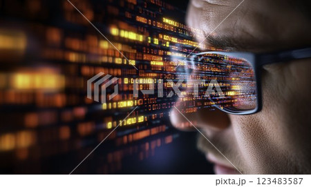 Close-Up of Man's Face with Reflected Binary Code in Glasses Close-Up of Man's Face with Reflected Binary Code in Glasses 123483587