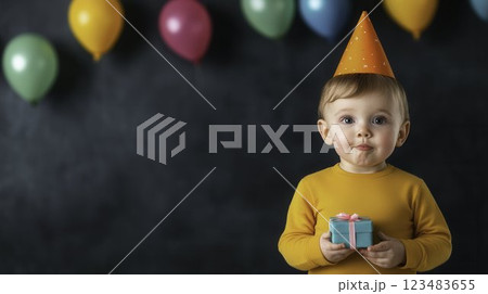 Cheerful Child in Birthday Hat Holding Gift Surrounded by Balloons 123483655