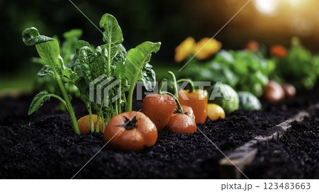 Fresh Vegetables Growing in a Vibrant Organic Garden at Sunset Fresh Vegetables Growing in a Vibrant Organic Garden at Sunset 123483663