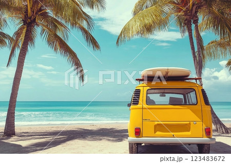 Rear of vintage car parked on the tropical beach with a surfboard on the roof Leisure trip in the summer. retro color effect Rear of vintage car parked on the tropical beach with a surfboard on the roof Leisure trip in the summer. retro color effect 123483672