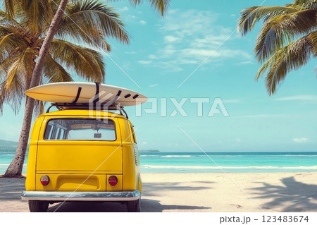 Rear of vintage car parked on the tropical beach with a surfboard on the roof Leisure trip in the summer. retro color effect Rear of vintage car parked on the tropical beach with a surfboard on the roof Leisure trip in the summer. retro color effect 123483674