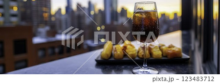 Refreshing beverage and tasty snacks at sunset in urban setting Refreshing beverage and tasty snacks at sunset in urban setting 123483712