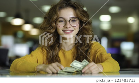 Young Woman Smiling with Cash in Modern Office Environment 123483713