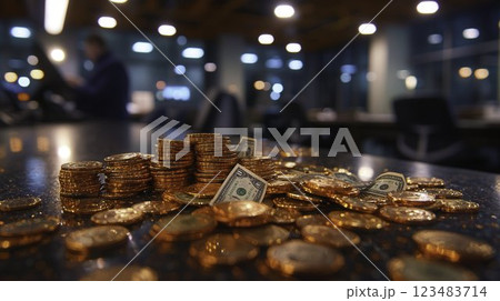 Glimmering Coins and Dollar Bills on Table in Modern Workspace 123483714