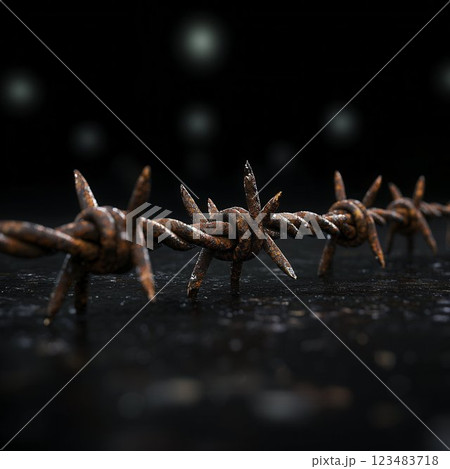 Close-up of Sharp Barbed Wire on Dark Background with Bokeh Effect 123483718
