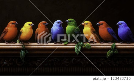 Colorful Collection of Singing Birds on Decorative Shelf Colorful Collection of Singing Birds on Decorative Shelf 123483730