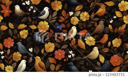 Colorful Birds Among Autumn Leaves and Flowers on Dark Background Colorful Birds Among Autumn Leaves and Flowers on Dark Background 123483731